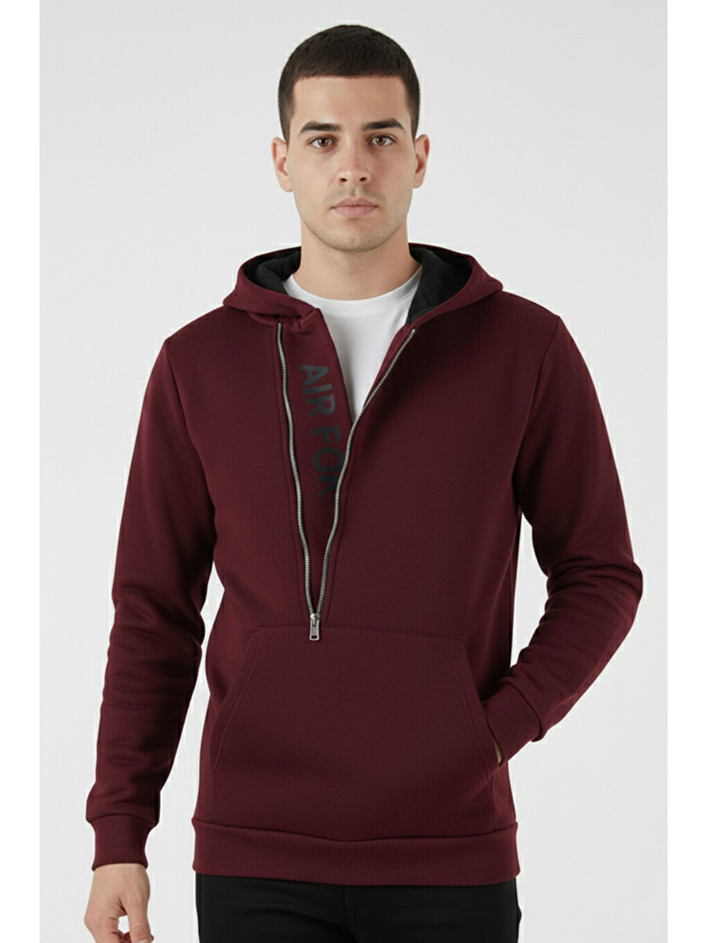 Bordo Kanguru Cepli Fermuarlı Kapüşon Yaka Slim Fit Erkek Sweat 575707-2