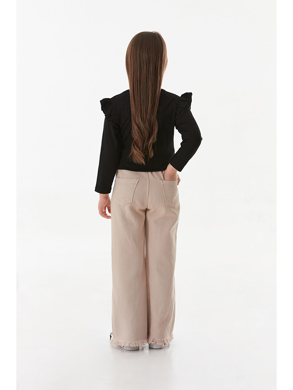 Bej Çiçek Nakışlı Paçası Püsküllü Kız Çocuk Pantolon-4