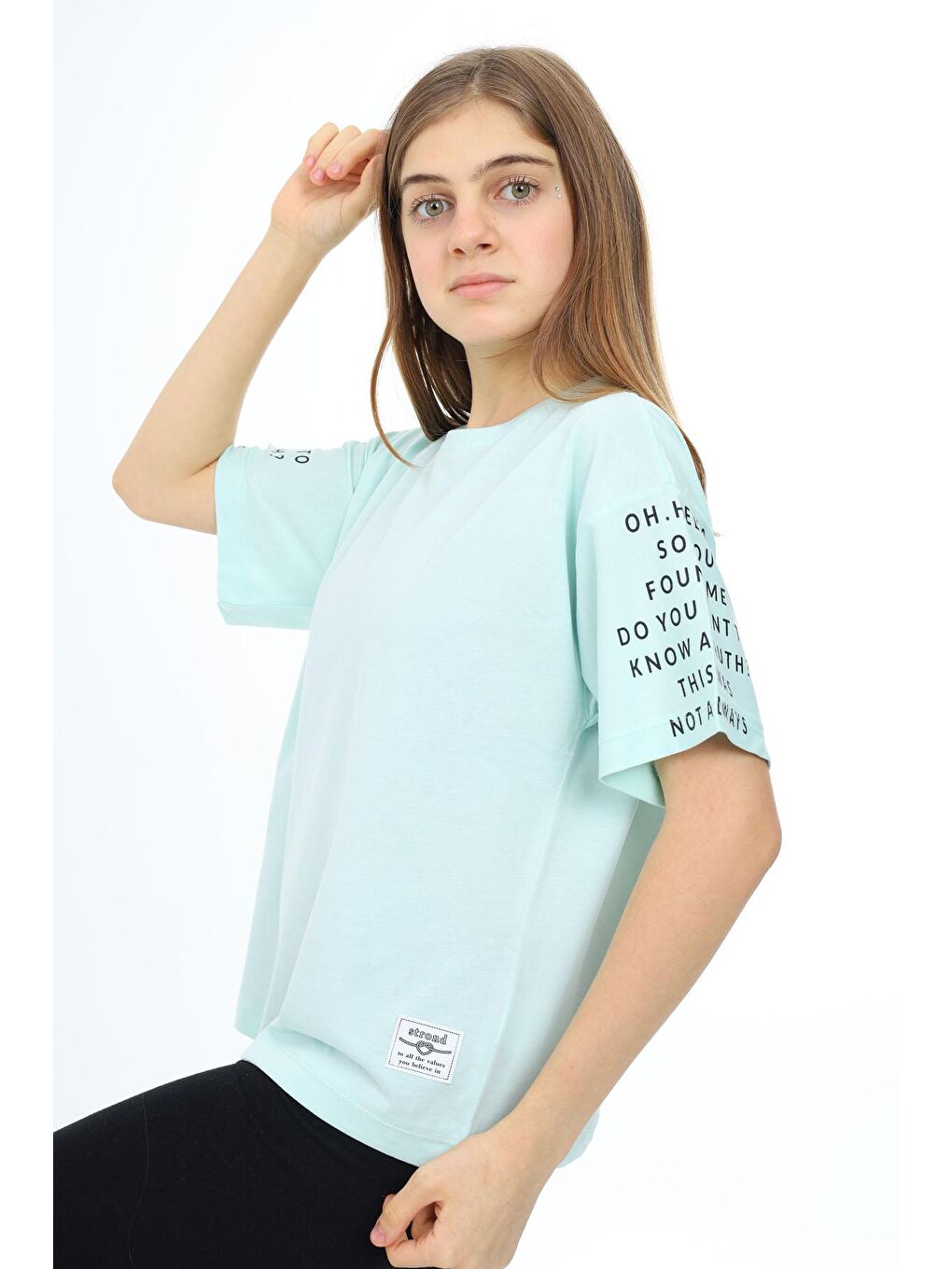 Yeşil Mint Kolları Yazı Baskılı Armalı Kız Çocuk Basic Tişört 17797-1