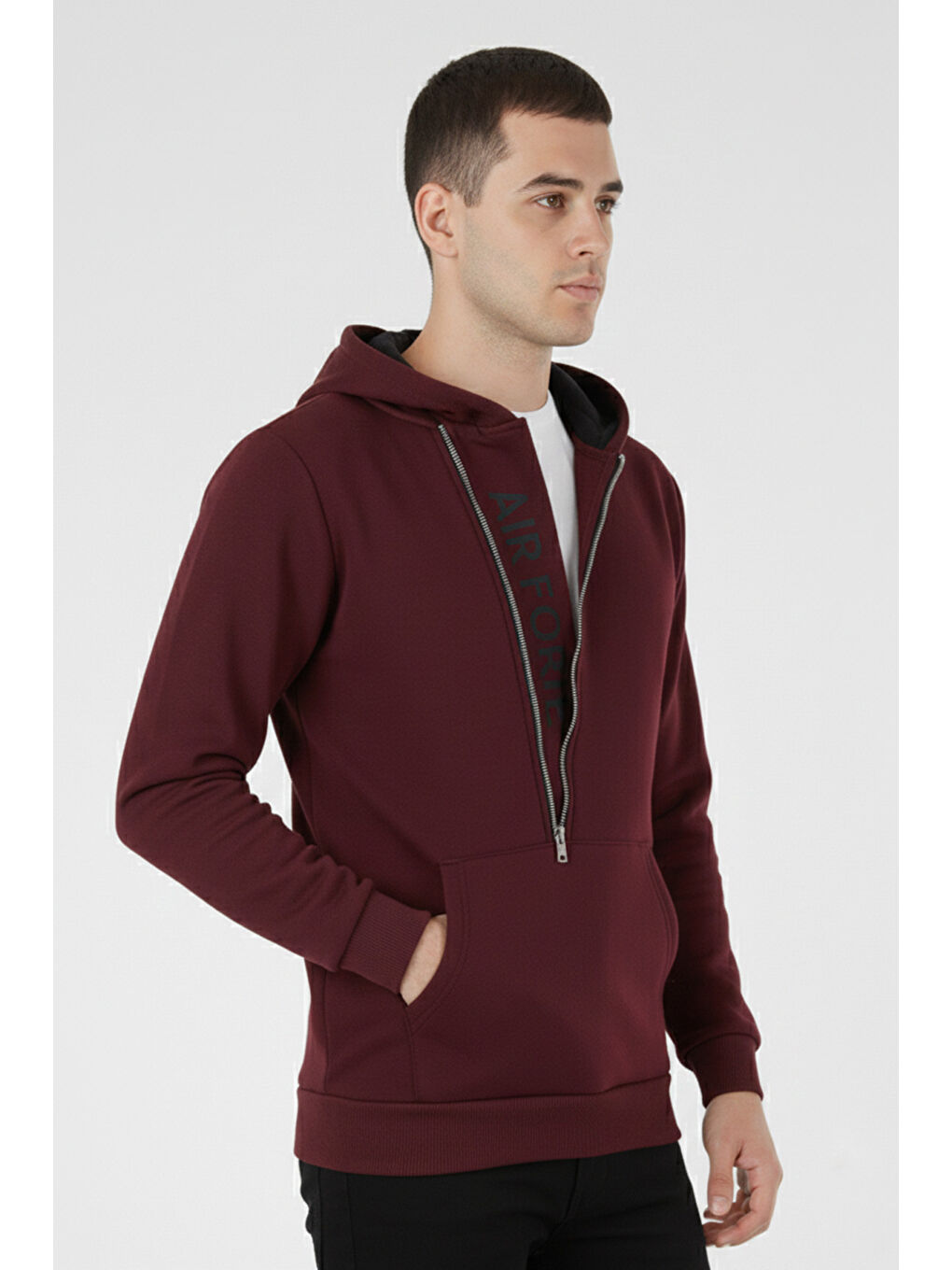 Bordo Kanguru Cepli Fermuarlı Kapüşon Yaka Slim Fit Erkek Sweat 575707-3