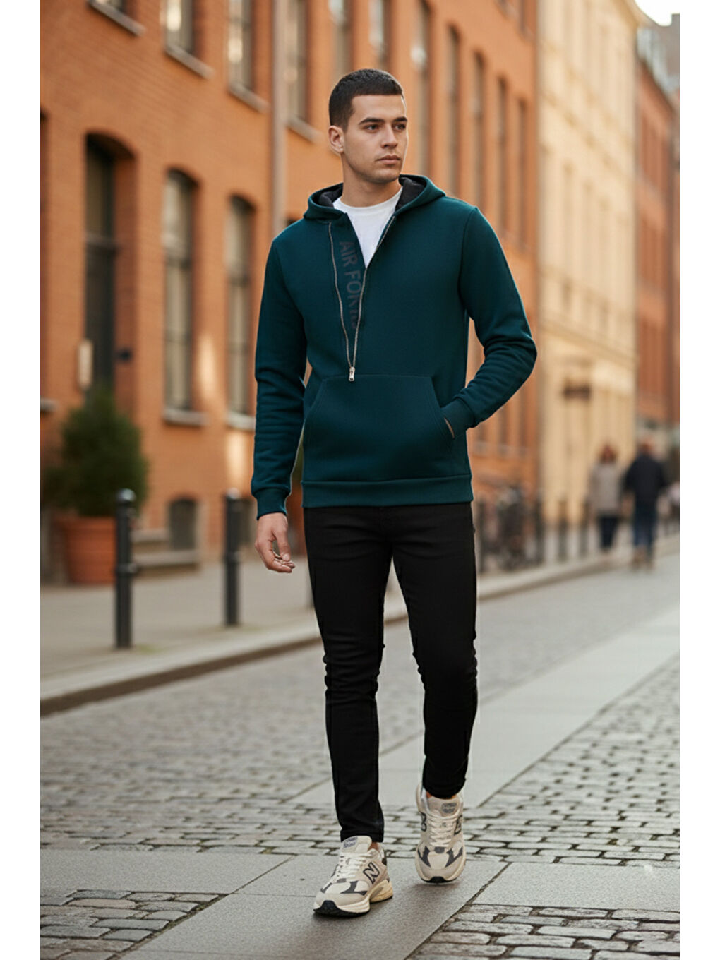 Petrol Kanguru Cepli Fermuarlı Kapüşon Yaka Slim Fit Erkek Sweat 575707-1