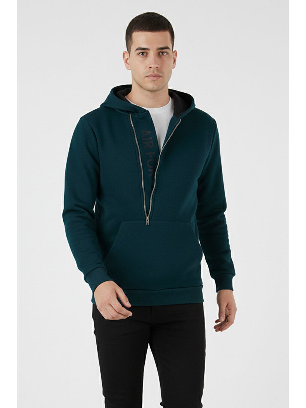 Petrol Kanguru Cepli Fermuarlı Kapüşon Yaka Slim Fit Erkek Sweat 575707-2