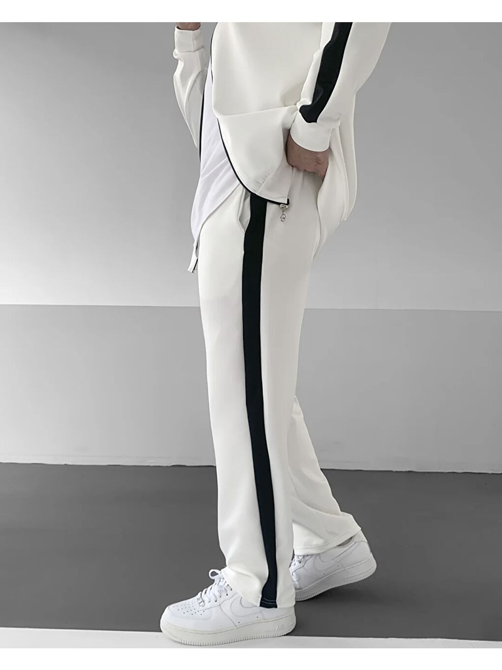 Erkek Çizgili Fermuarlı Sweatshirt Bol Eşofman Beyaz İkili Takım-2