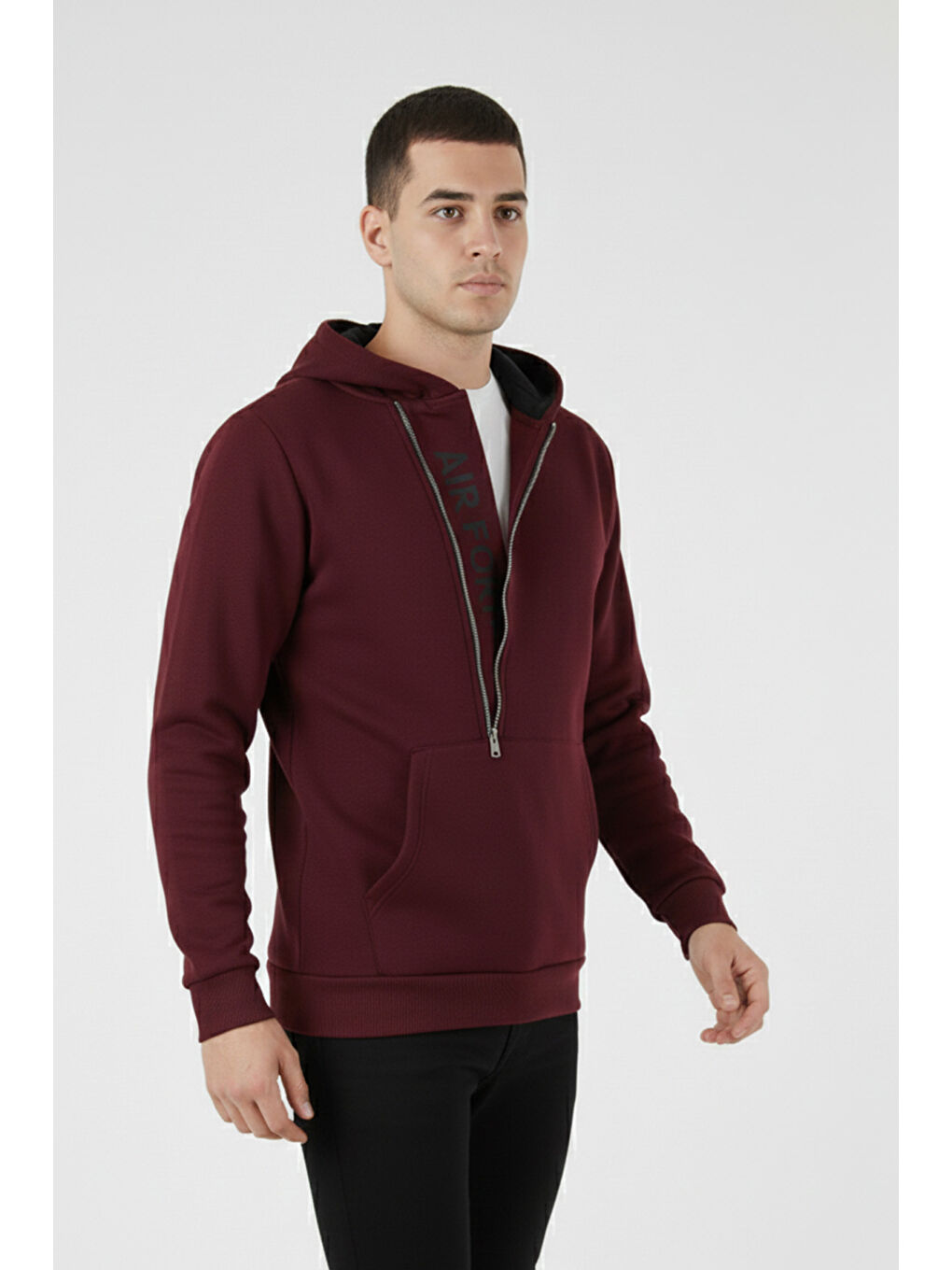 Bordo Kanguru Cepli Fermuarlı Kapüşon Yaka Slim Fit Erkek Sweat 575707-4