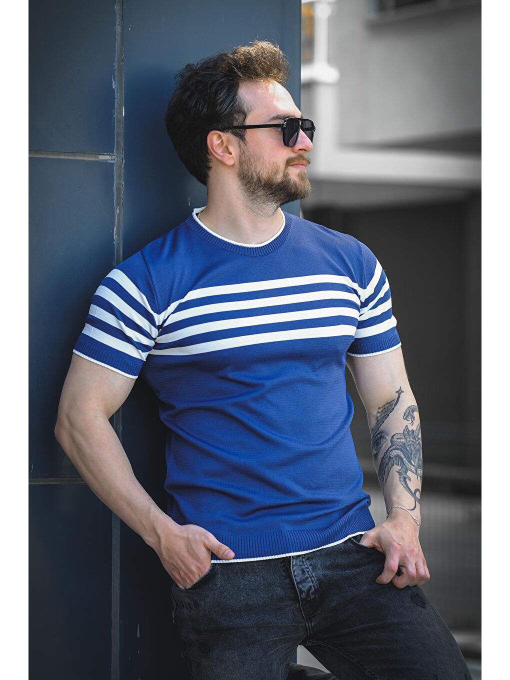 Lacivert Liam Çizgili Elastanlı Slim Fit Bisiklet Yaka Örme Erkek Triko Tshirt-1