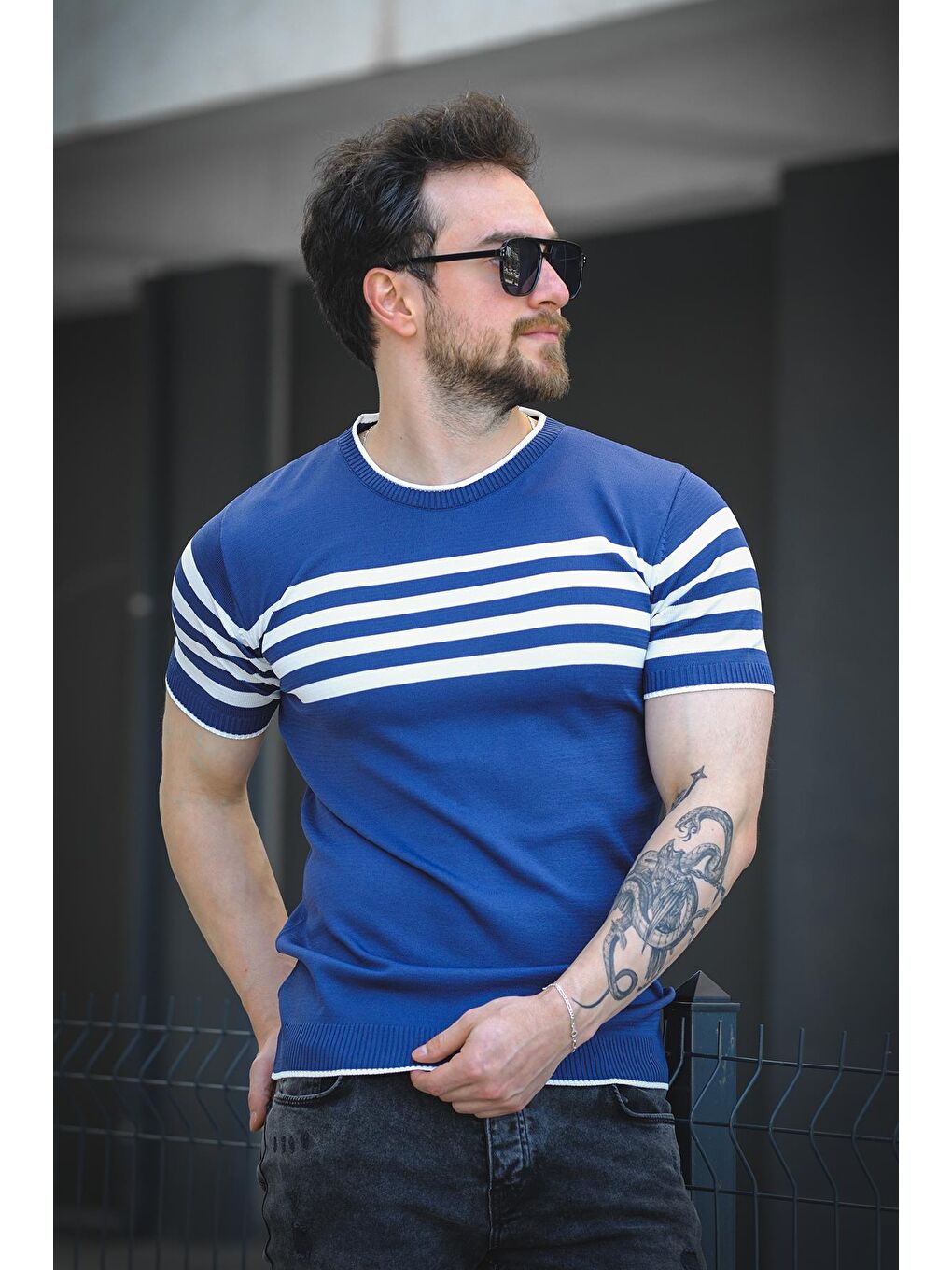 Lacivert Liam Çizgili Elastanlı Slim Fit Bisiklet Yaka Örme Erkek Triko Tshirt-2