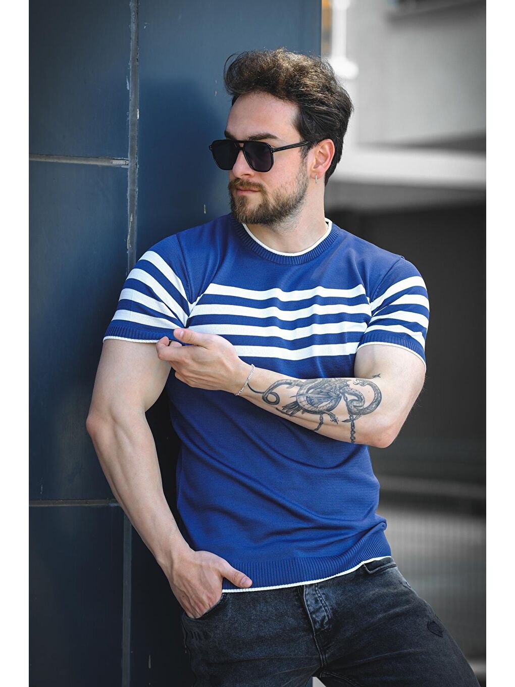 Lacivert Liam Çizgili Elastanlı Slim Fit Bisiklet Yaka Örme Erkek Triko Tshirt-3