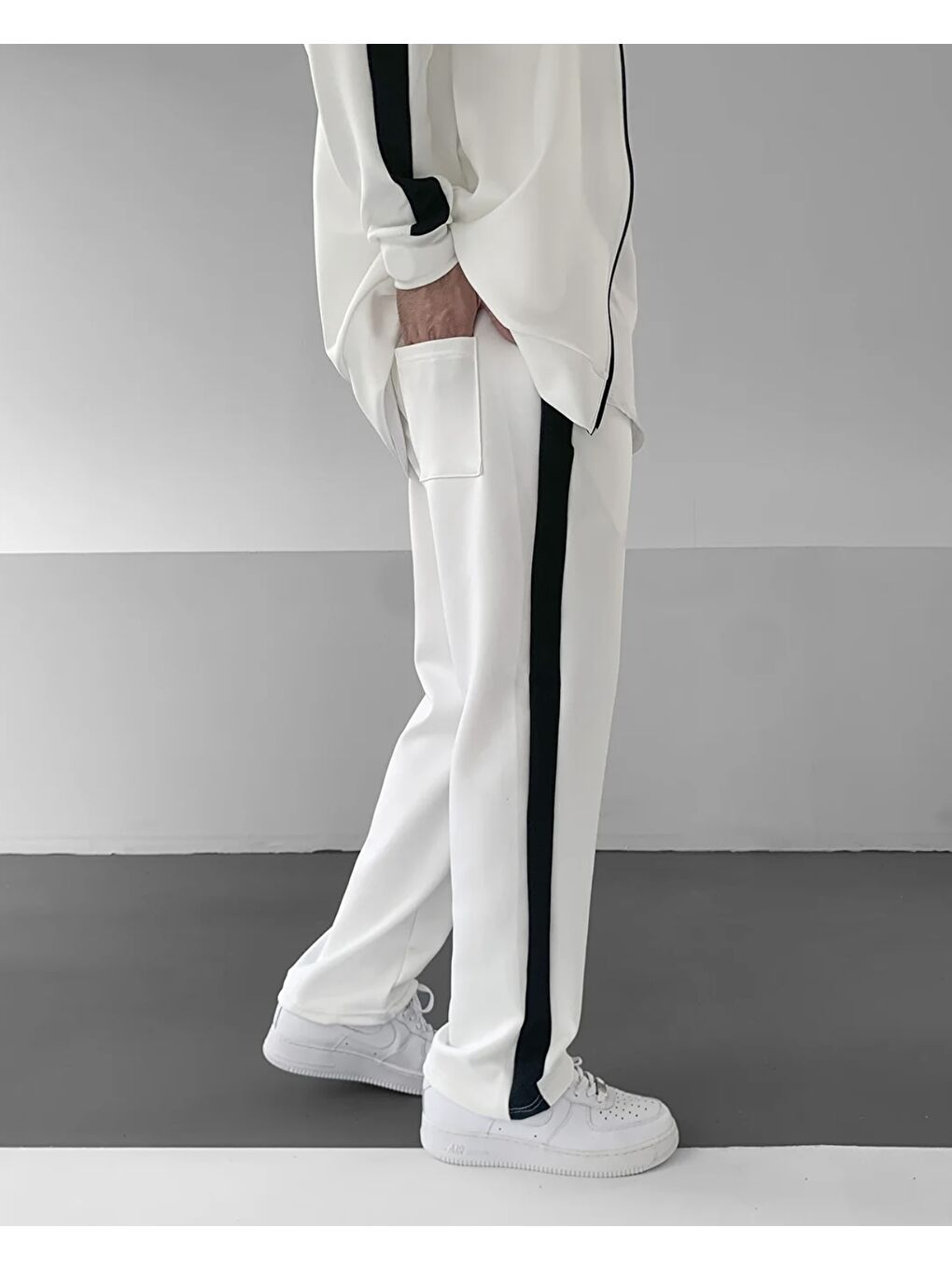 Erkek Çizgili Fermuarlı Sweatshirt Bol Eşofman Beyaz İkili Takım-3