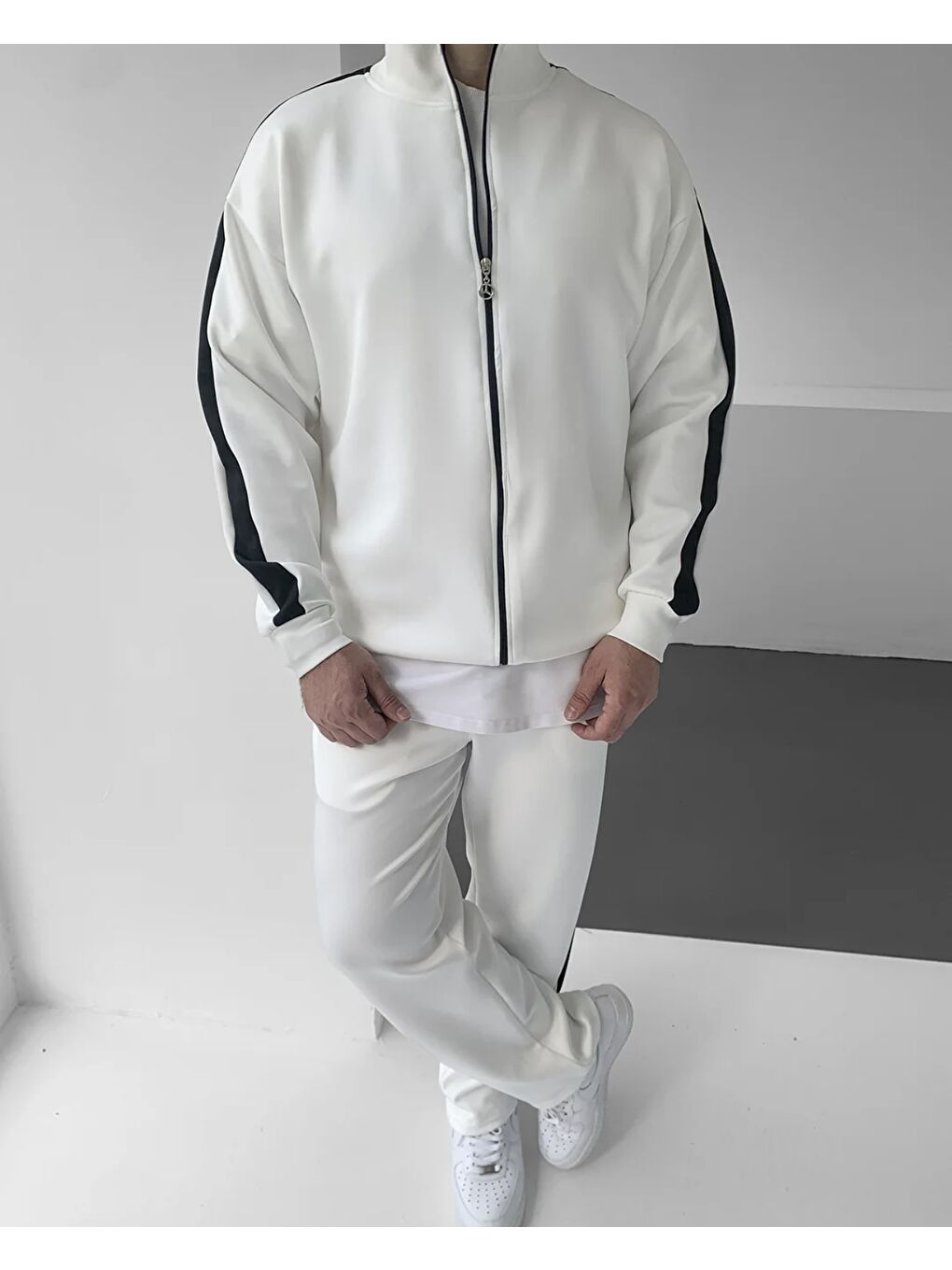 Erkek Çizgili Fermuarlı Sweatshirt Bol Eşofman Beyaz İkili Takım-4
