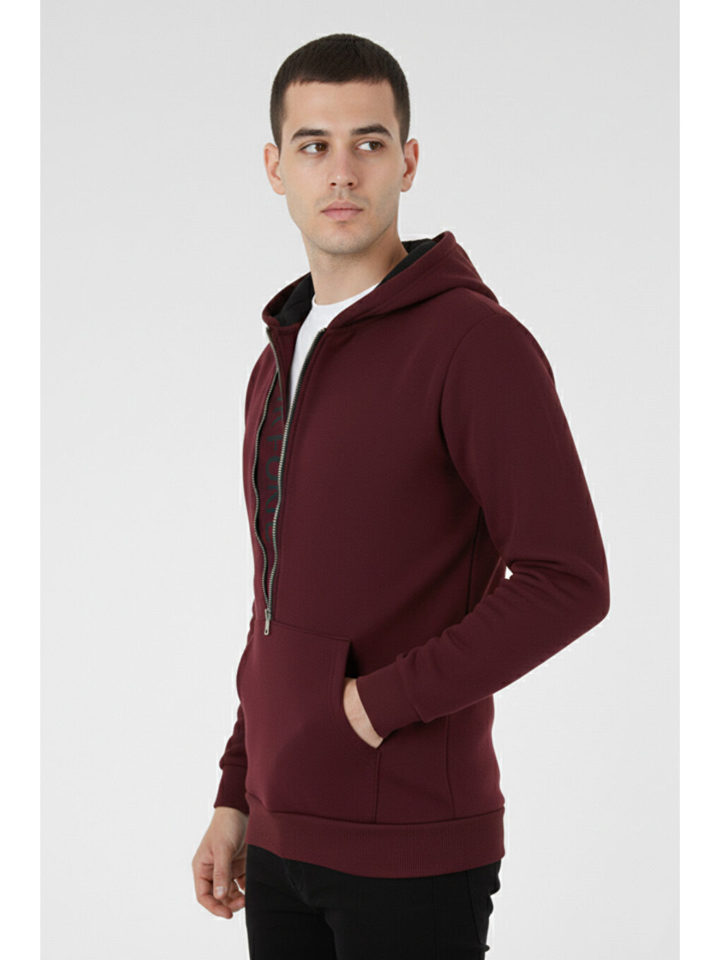 Bordo Kanguru Cepli Fermuarlı Kapüşon Yaka Slim Fit Erkek Sweat 575707-5