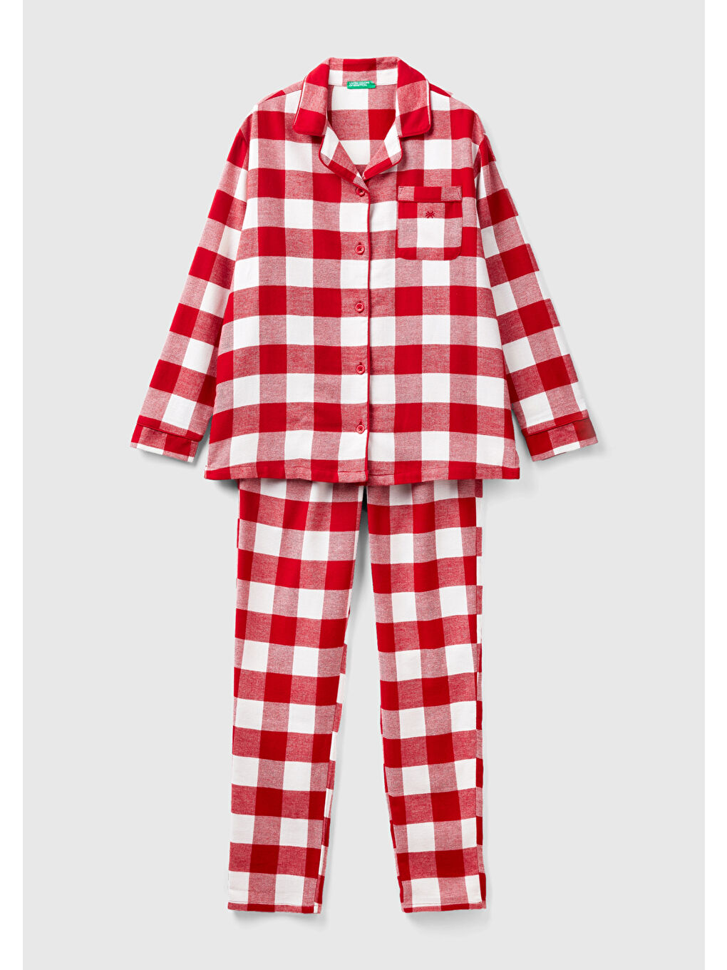 Kadın Kırmızı Mix Ekose Desenli Düğmeli Pijama Takımı-1