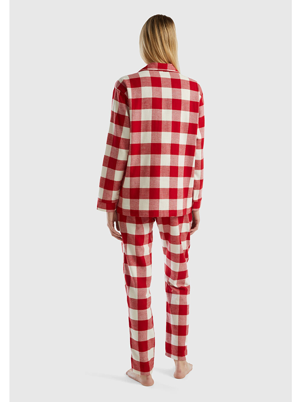 Kadın Kırmızı Mix Ekose Desenli Düğmeli Pijama Takımı-2