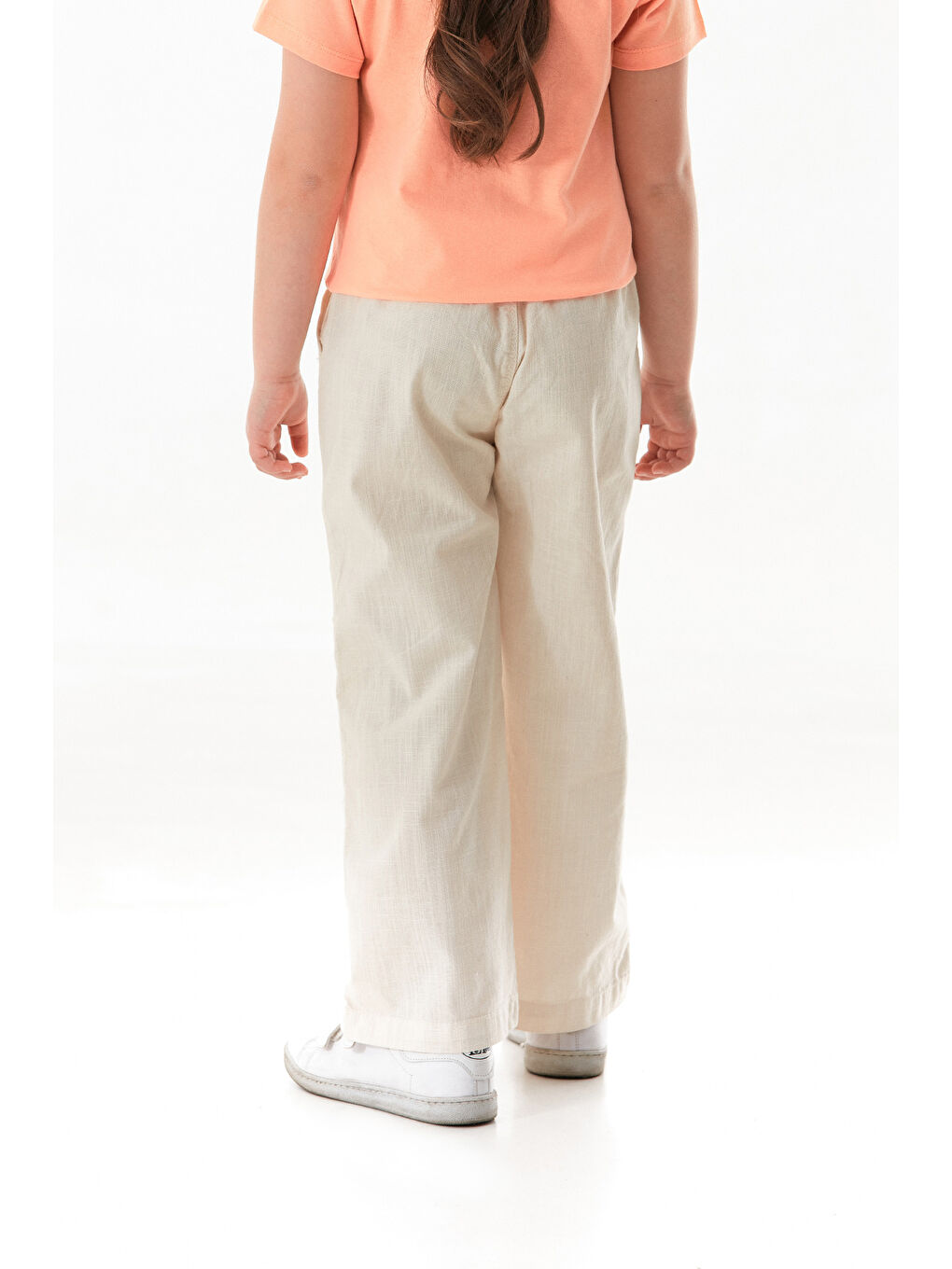 Ekru Beli Lastikli Cepli Kız Çocuk Keten Pantolon-2