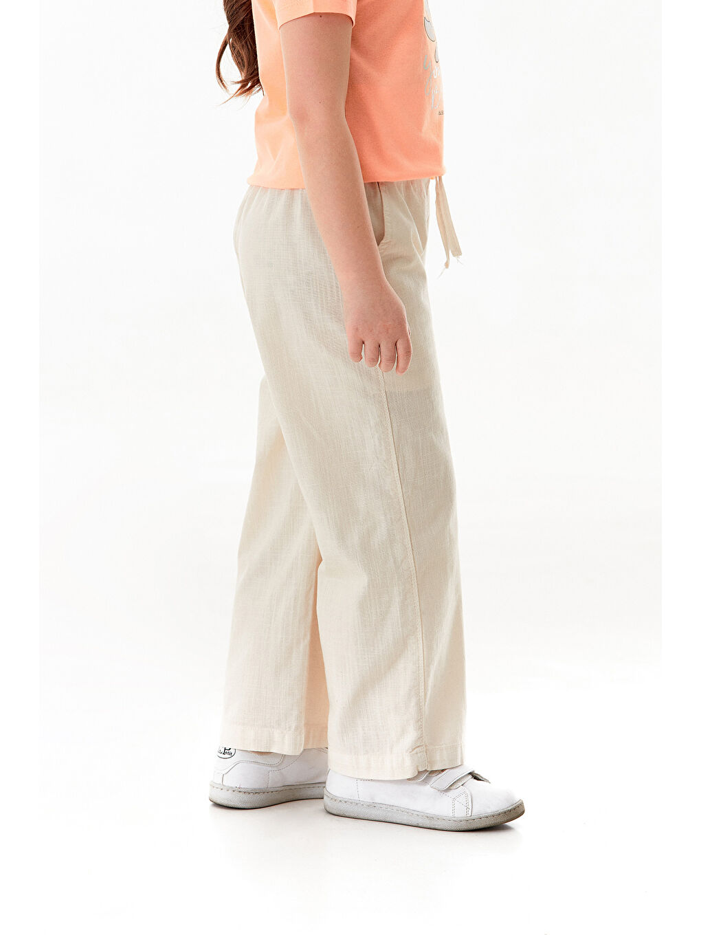 Ekru Beli Lastikli Cepli Kız Çocuk Keten Pantolon-3