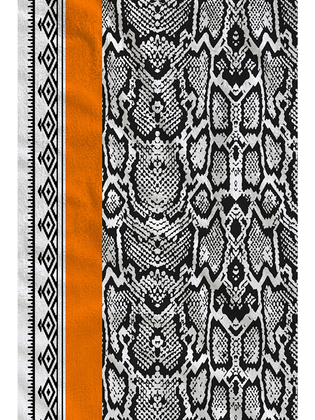 Turuncu Şeritli Siyah Beyaz Etnik Desenli 70x150 Cm Dijital Baskılı Plaj Ve Banyo Havlusu-1