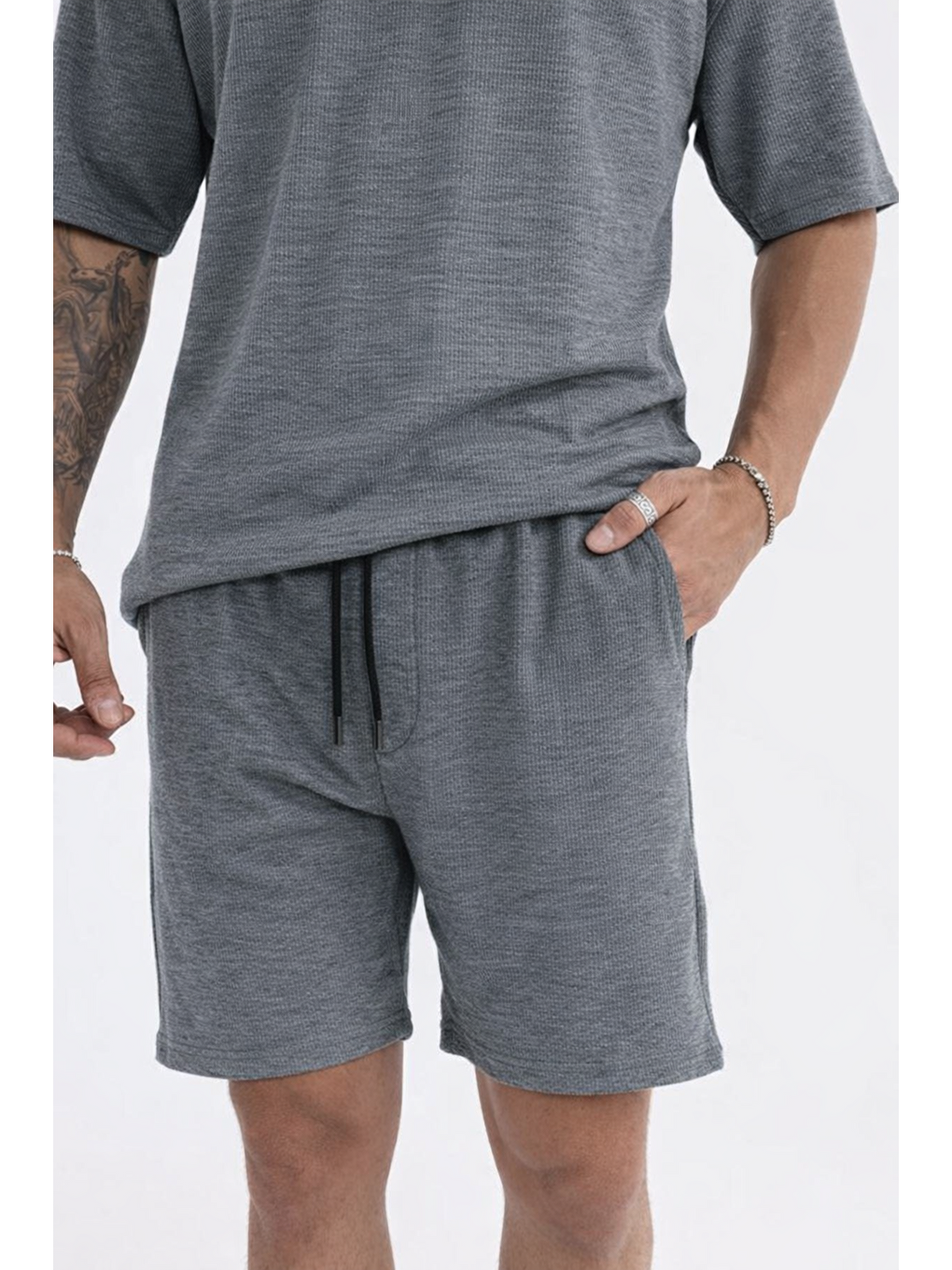 Gri Erkek Polo Yaka Tişört Bol Şort Füme Yazlık İkili Takım-4