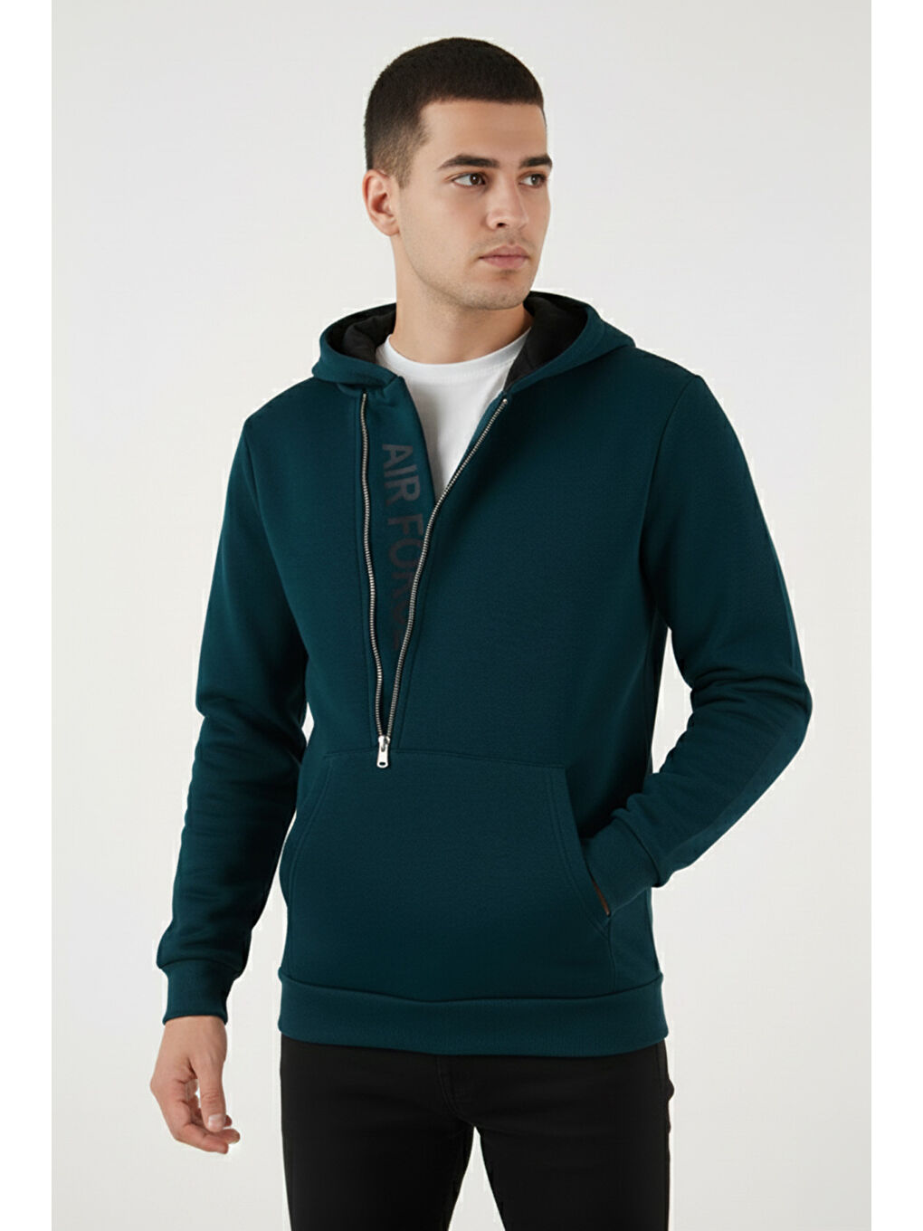 Petrol Kanguru Cepli Fermuarlı Kapüşon Yaka Slim Fit Erkek Sweat 575707-4