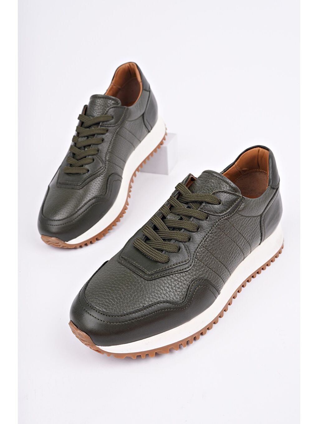 Yeşil HARWİL Kalın Taban Bağcıklı Hakiki Deri Erkek Günlük Sneaker Spor Ayakkabı-2