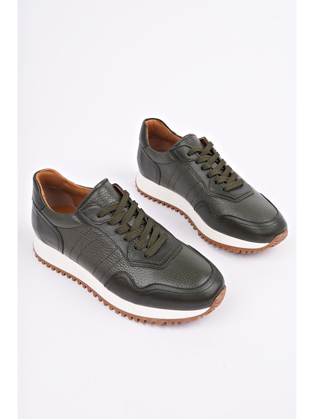 Yeşil HARWİL Kalın Taban Bağcıklı Hakiki Deri Erkek Günlük Sneaker Spor Ayakkabı-5