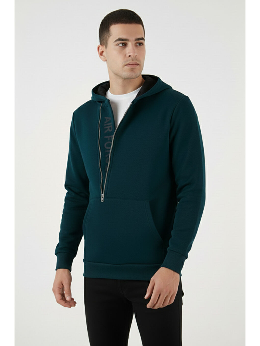 Petrol Kanguru Cepli Fermuarlı Kapüşon Yaka Slim Fit Erkek Sweat 575707-5