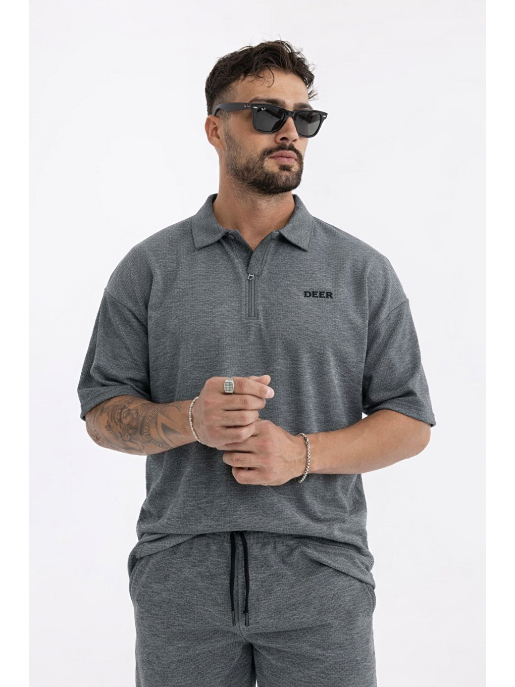 Gri Erkek Polo Yaka Tişört Bol Şort Füme Yazlık İkili Takım-5