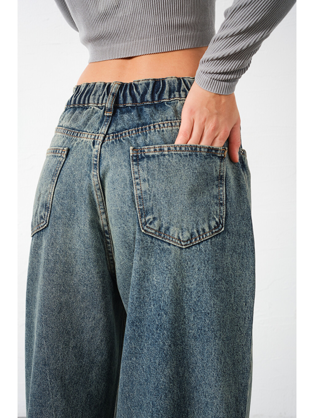 Mavi Ekstra Yüksek Bel %100 Pamuk Lastikli loose fit geniş paça jean Kadın Jean Pantolon-1