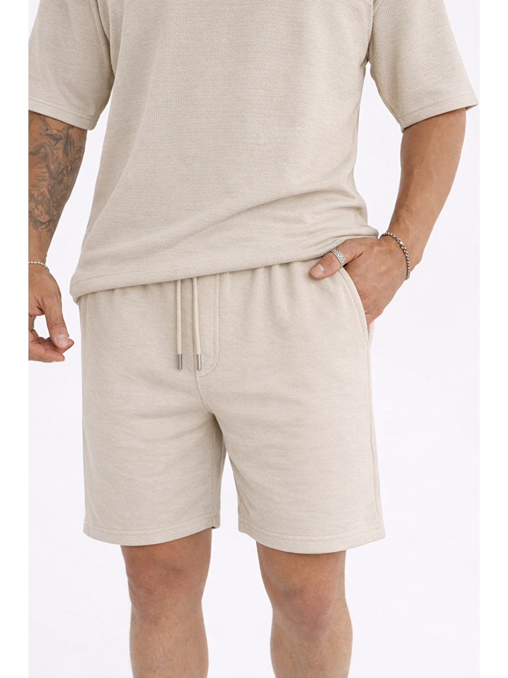 Ekru Erkek Polo Yaka Tişört Bol Şort Krem Yazlık İkili Takım-2