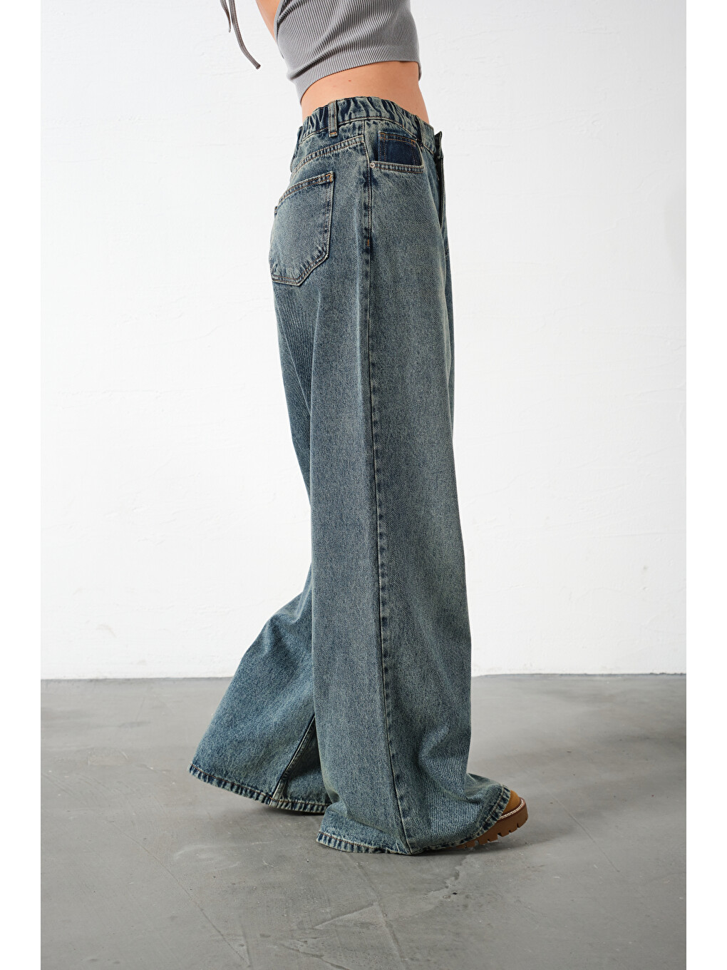 Mavi Ekstra Yüksek Bel %100 Pamuk Lastikli loose fit geniş paça jean Kadın Jean Pantolon-2