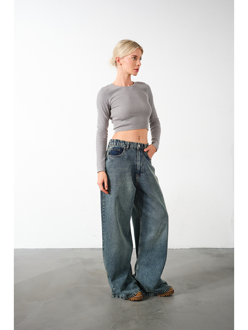 Mavi Ekstra Yüksek Bel %100 Pamuk Lastikli loose fit geniş paça jean Kadın Jean Pantolon-3