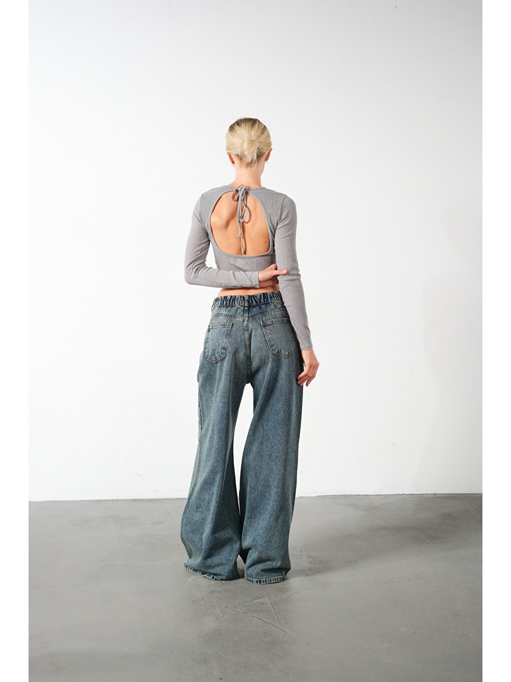 Mavi Ekstra Yüksek Bel %100 Pamuk Lastikli loose fit geniş paça jean Kadın Jean Pantolon-4