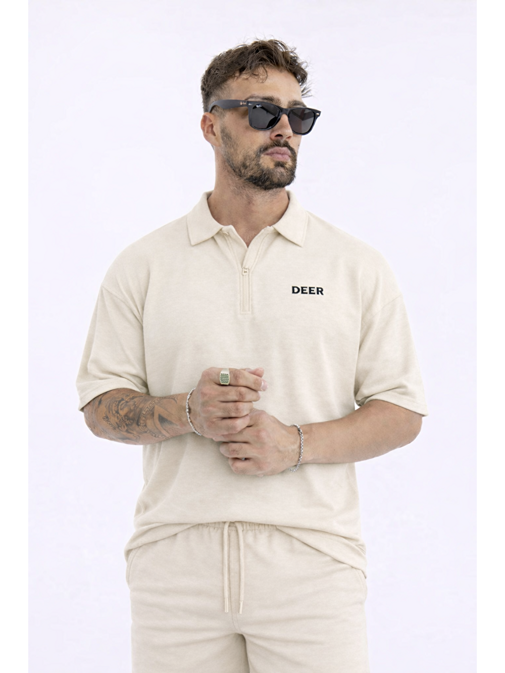 Ekru Erkek Polo Yaka Tişört Bol Şort Krem Yazlık İkili Takım-3