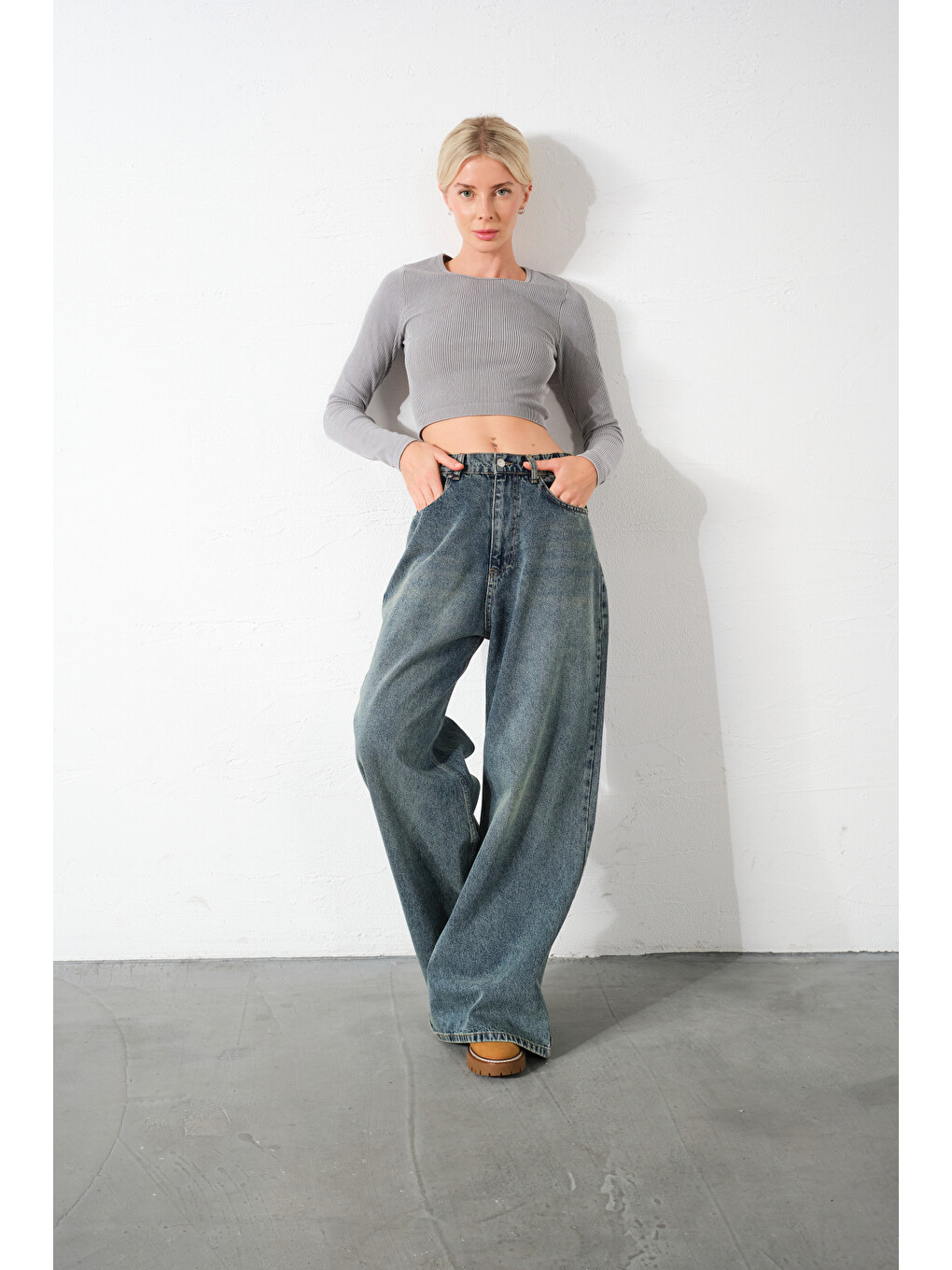 Mavi Ekstra Yüksek Bel %100 Pamuk Lastikli loose fit geniş paça jean Kadın Jean Pantolon-5