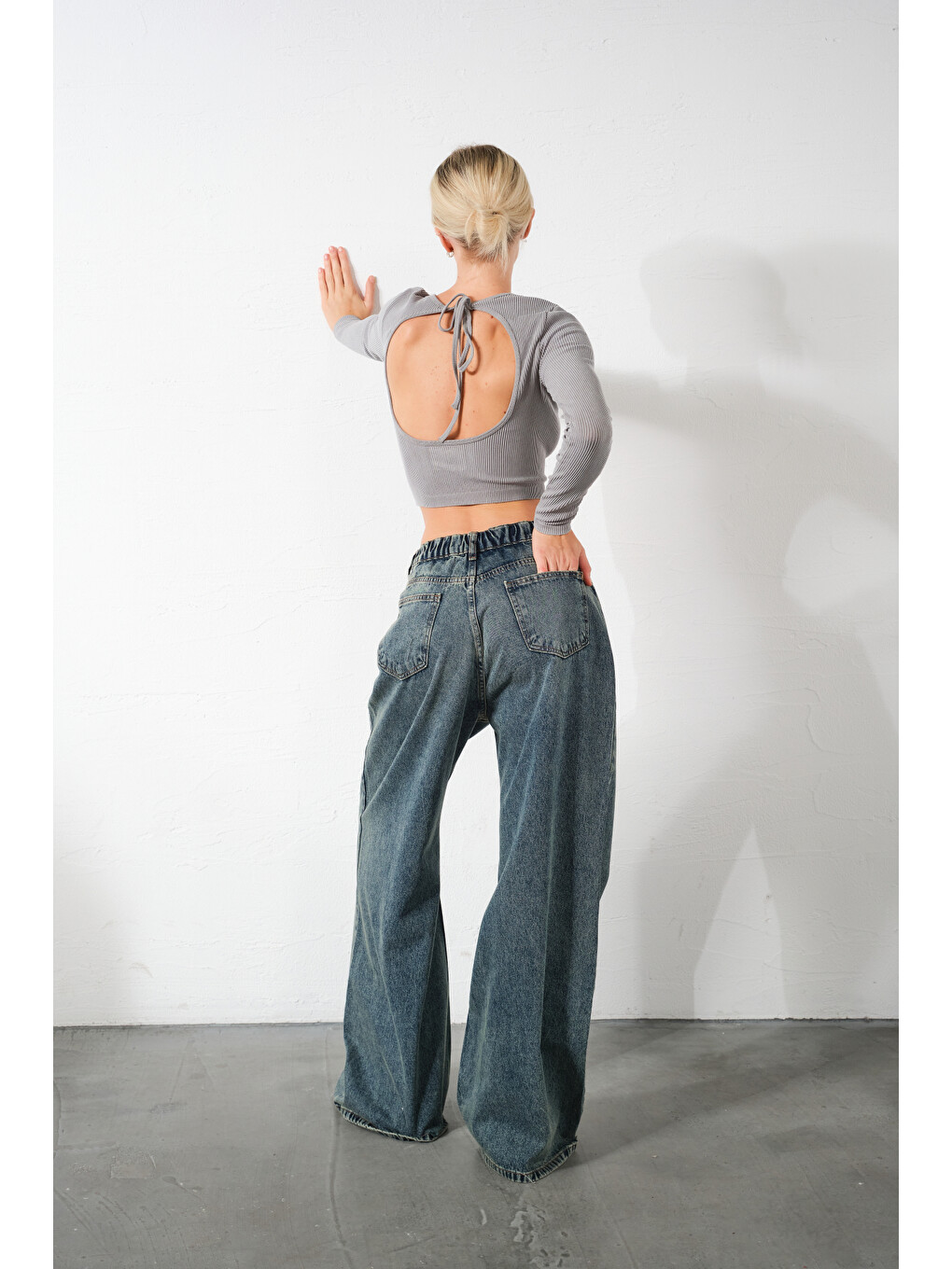 Mavi Ekstra Yüksek Bel %100 Pamuk Lastikli loose fit geniş paça jean Kadın Jean Pantolon-6