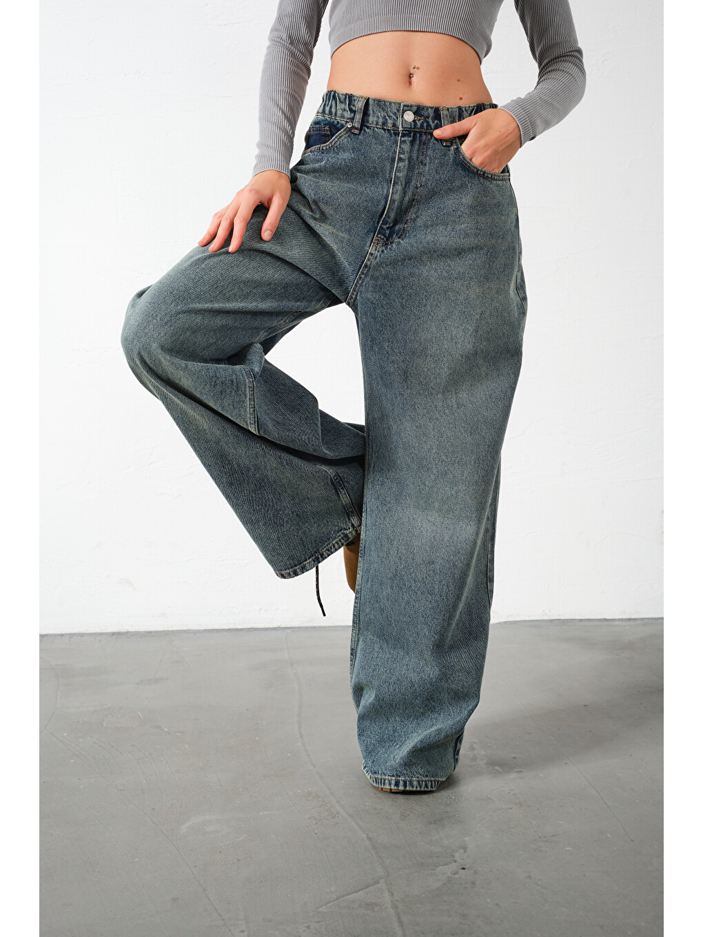 Mavi Ekstra Yüksek Bel %100 Pamuk Lastikli loose fit geniş paça jean Kadın Jean Pantolon-7