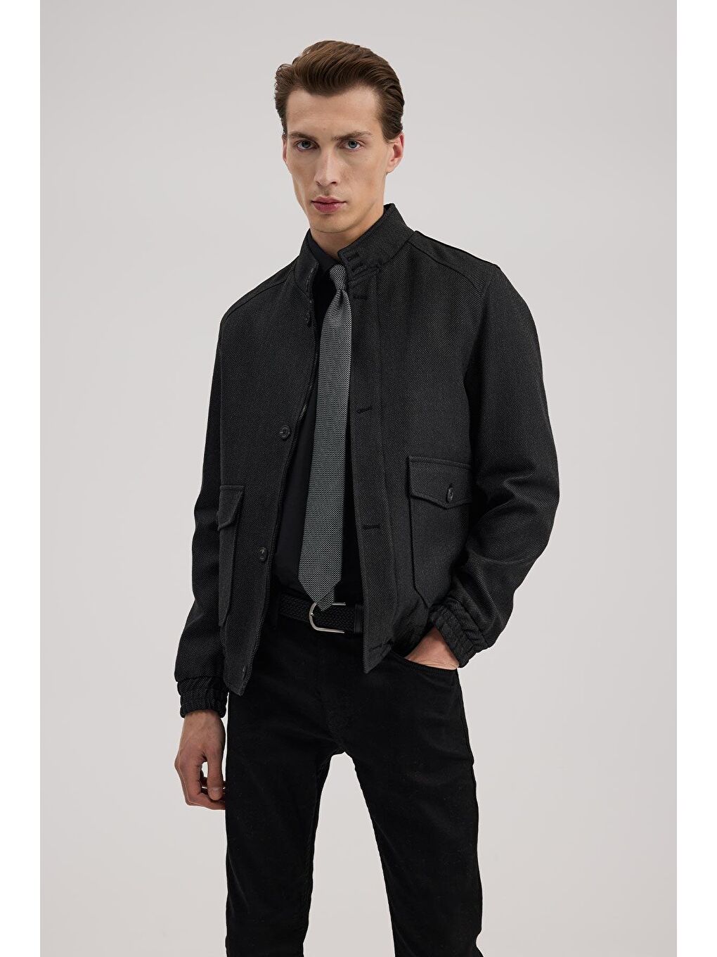 Antrasit Slim Fit Mono Yaka Cepli Ceket Görünümlü Mont-1