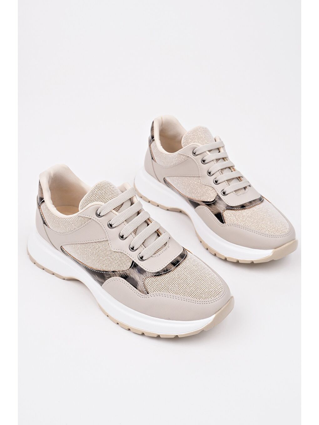 Bej MELODY Kadın Kalın Taban Günlük Desenli Bağcıklı Sneaker Spor Ayakkabı-1