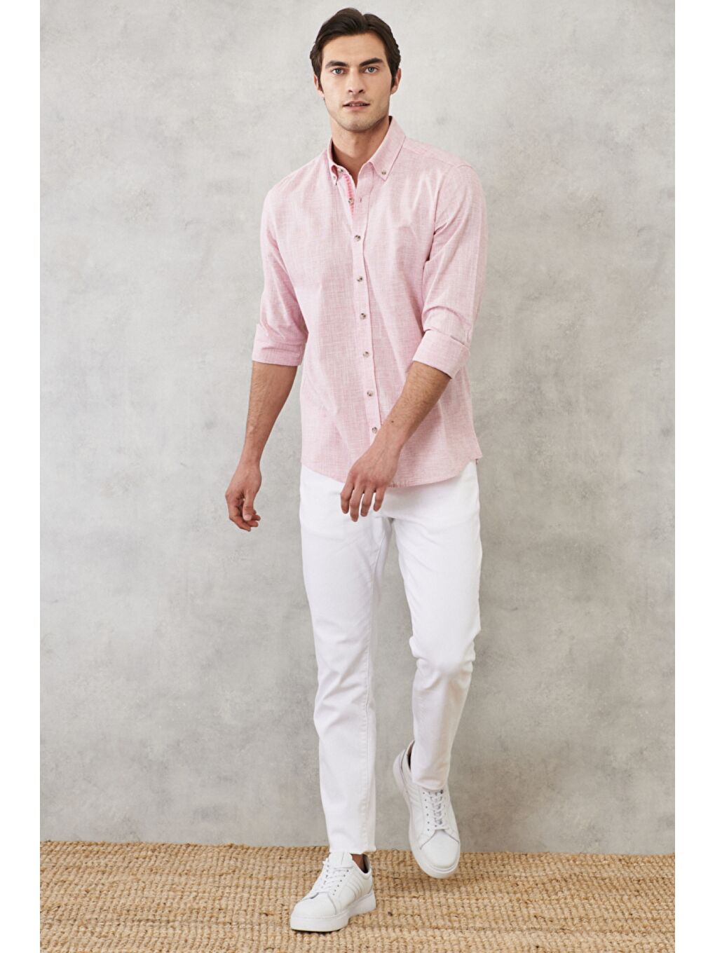 Erkek Bordo Slim Fit Dar Kesim Düğmeli Yaka %100 Pamuk Flamlı Gömlek-1