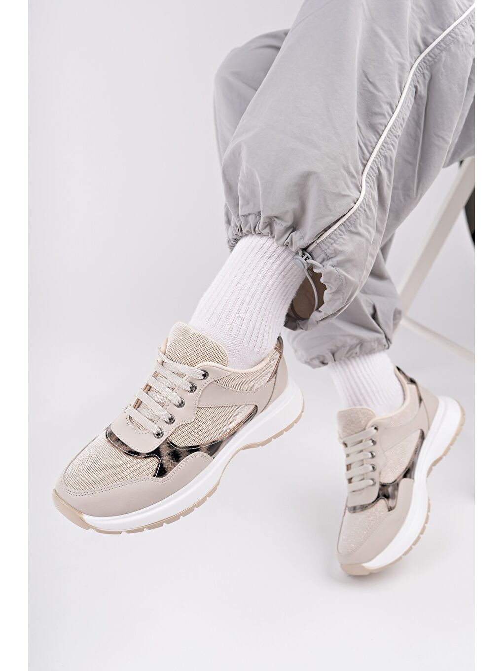 Bej MELODY Kadın Kalın Taban Günlük Desenli Bağcıklı Sneaker Spor Ayakkabı-5