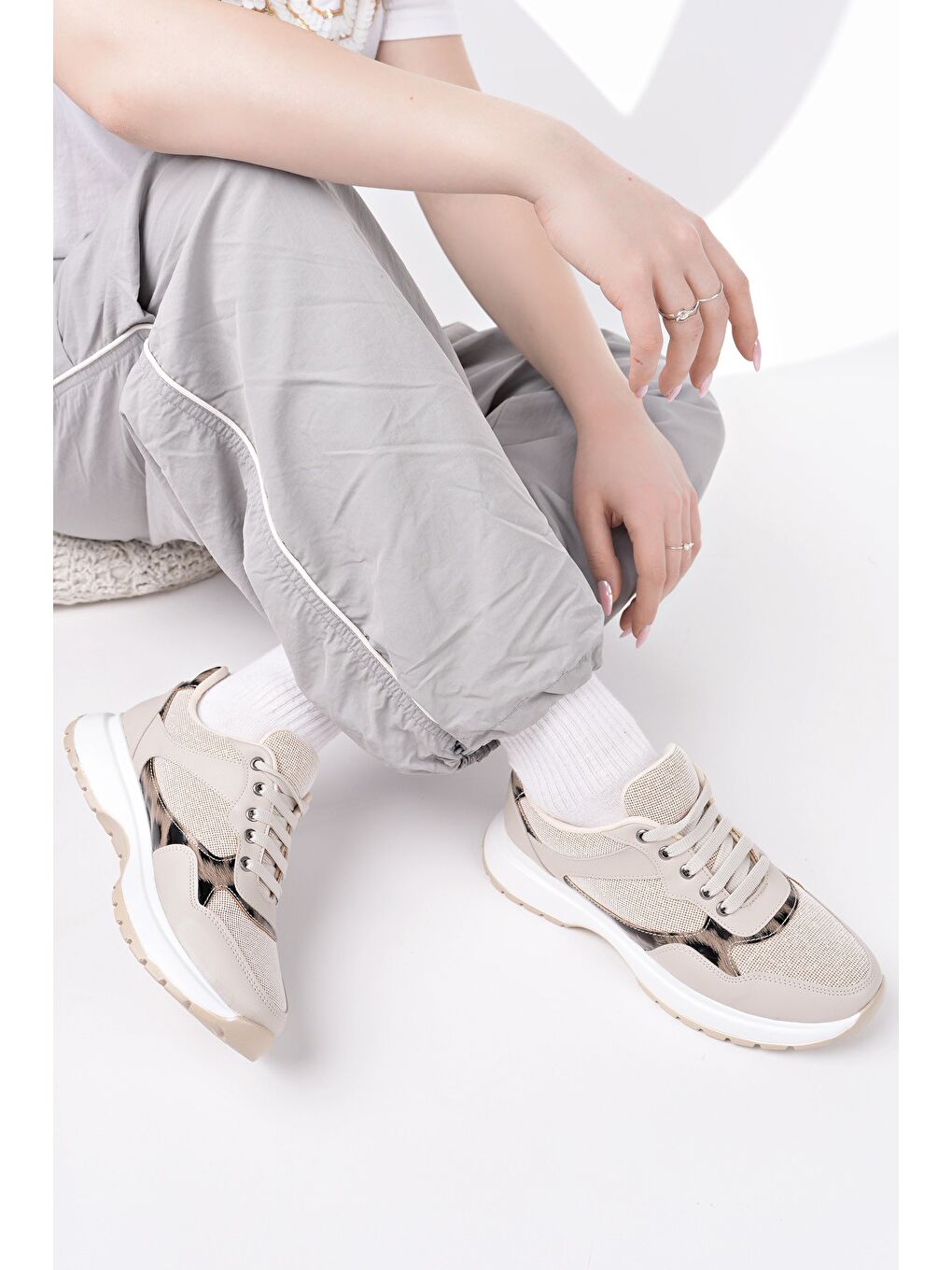 Bej MELODY Kadın Kalın Taban Günlük Desenli Bağcıklı Sneaker Spor Ayakkabı-6
