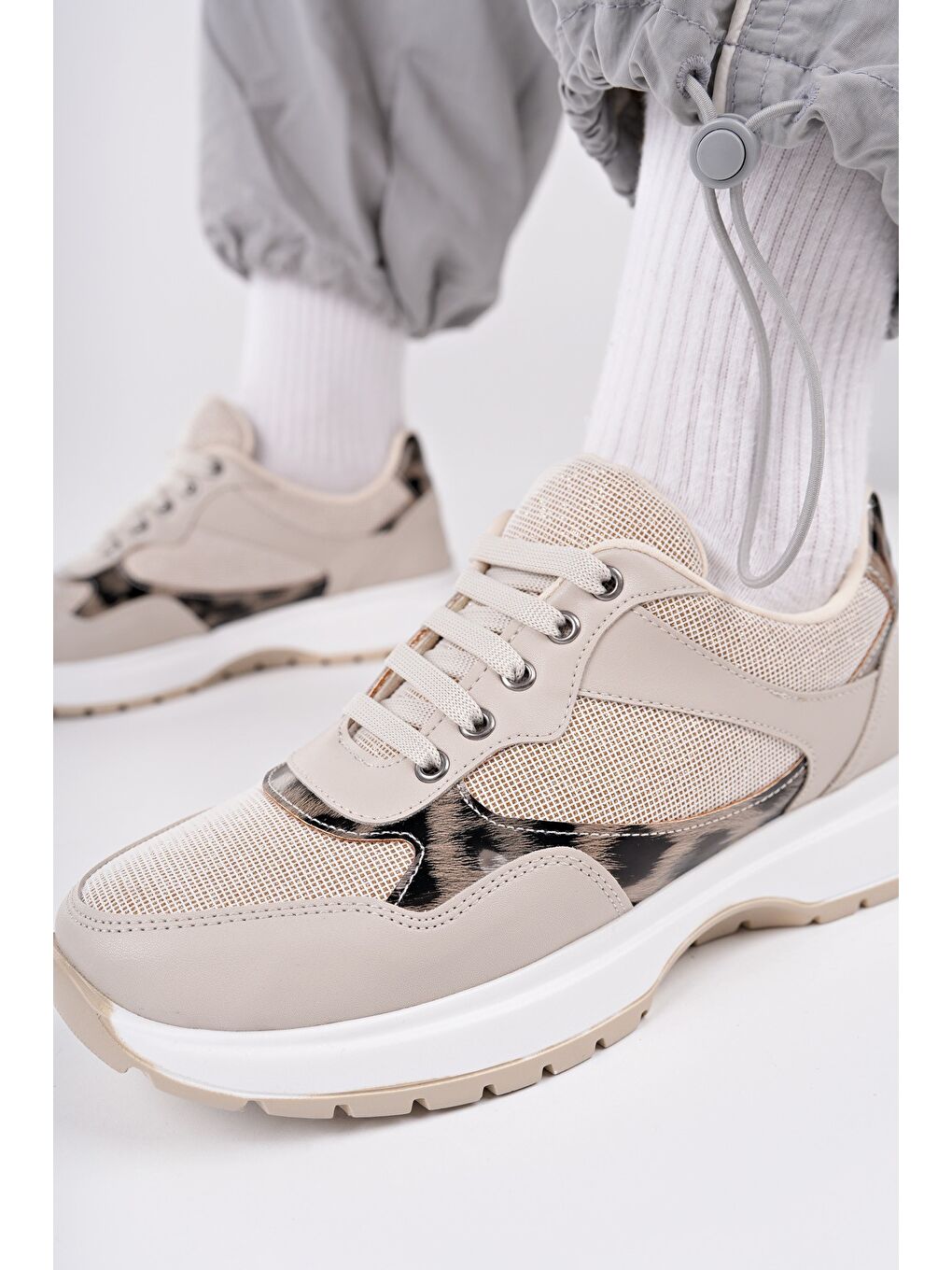 Bej MELODY Kadın Kalın Taban Günlük Desenli Bağcıklı Sneaker Spor Ayakkabı-7