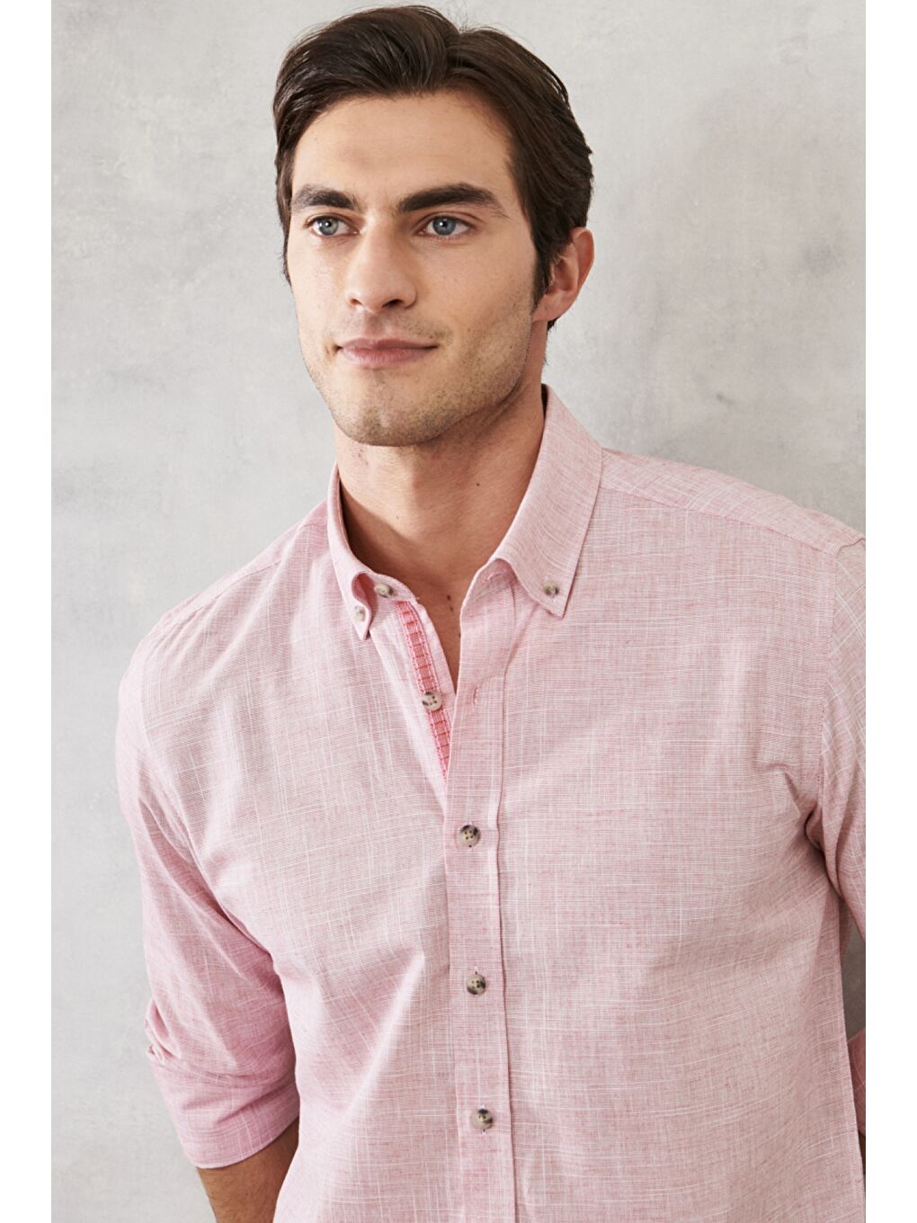 Erkek Bordo Slim Fit Dar Kesim Düğmeli Yaka %100 Pamuk Flamlı Gömlek-2