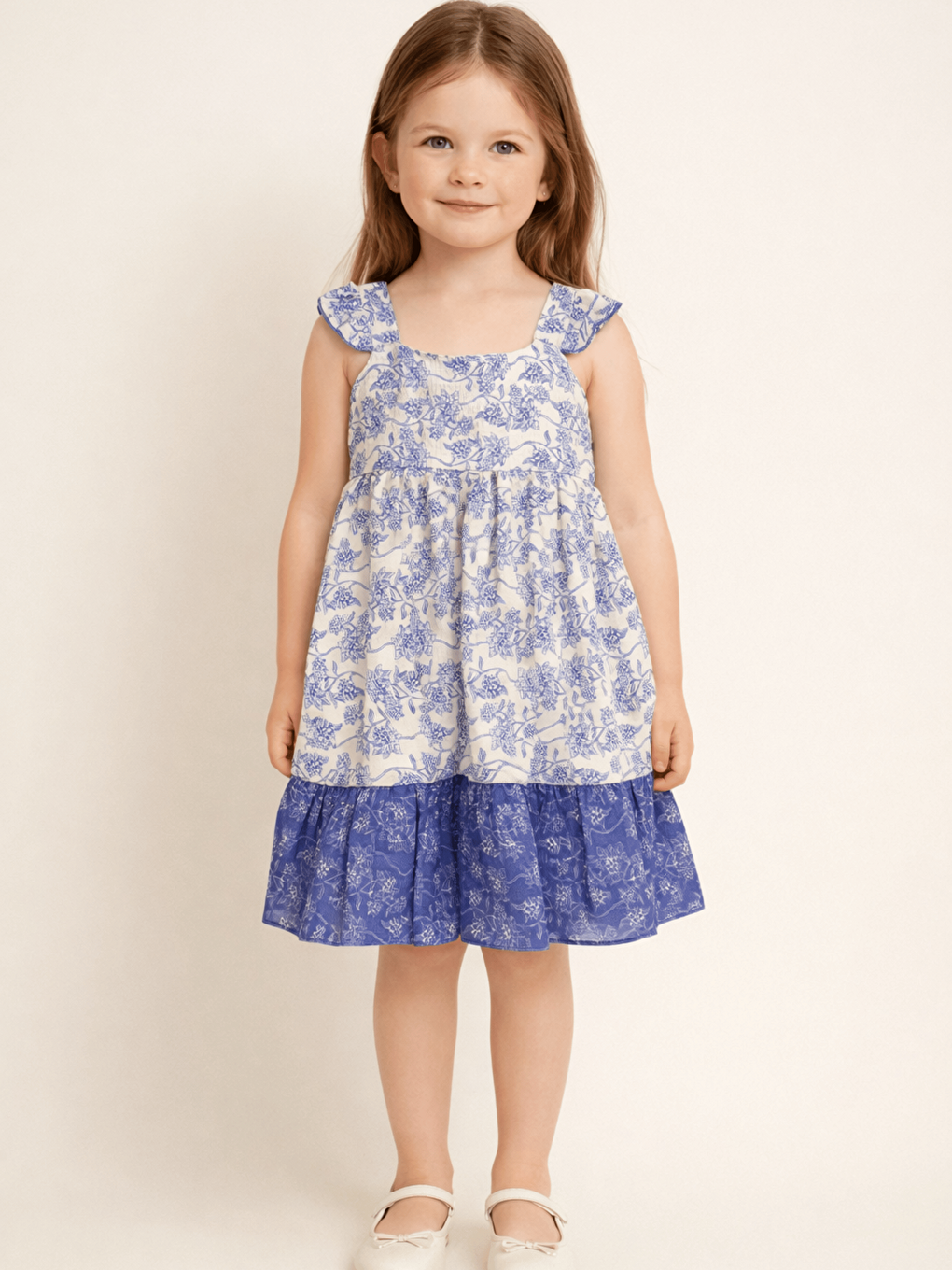 Mavi Kare Yaka Çiçek Desenli Kız Çocuk Elbise