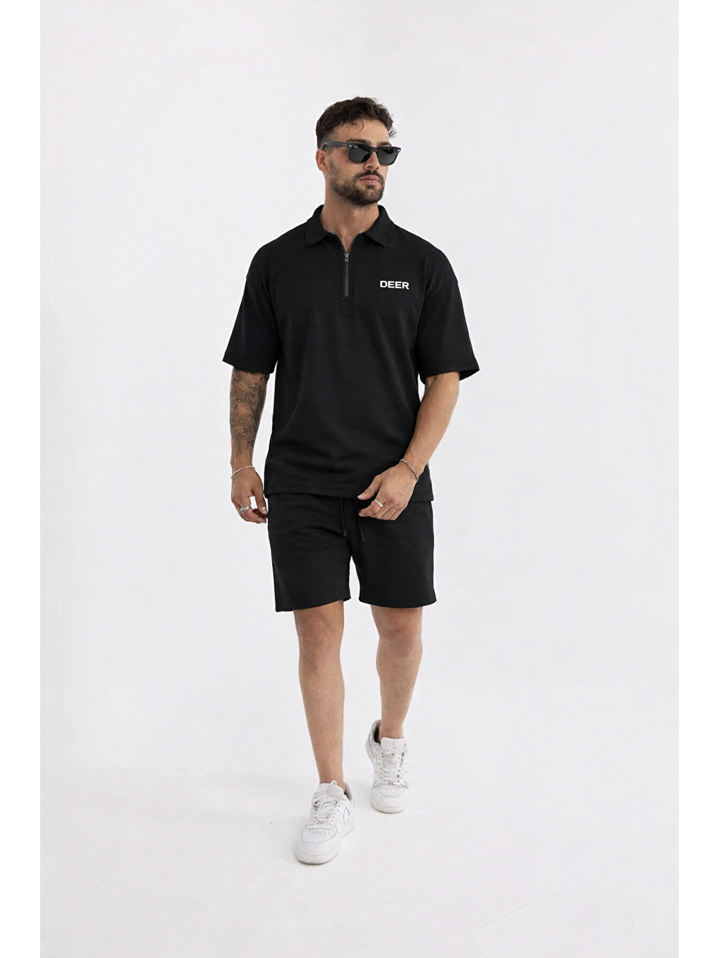 Erkek Polo Yaka Tişört Bol Şort Siyah Yazlık İkili Takım-3