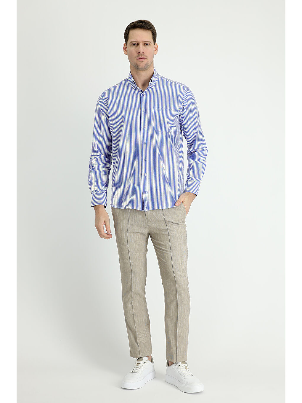 Kahverengi Slim Fit Dar Kesim Beli Lastikli İpli Desenli Keten Karışımlı Kumaş Pantolon