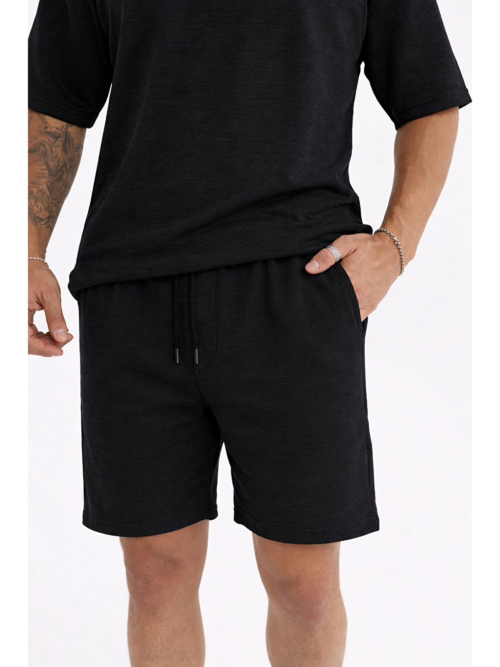 Erkek Polo Yaka Tişört Bol Şort Siyah Yazlık İkili Takım-4