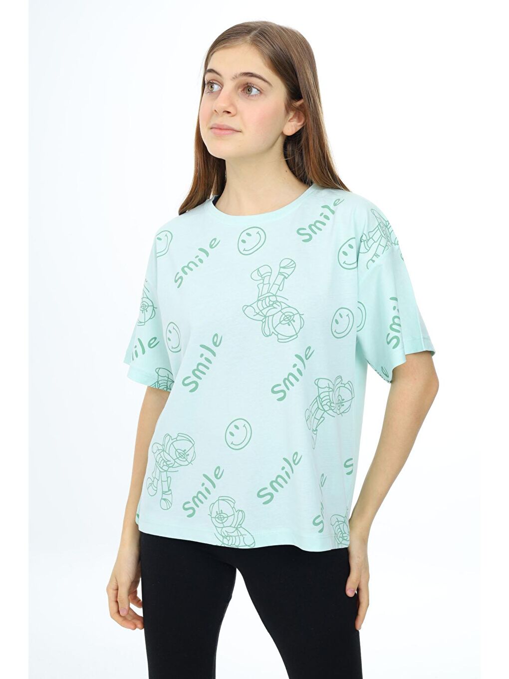 Yeşil Mint Smile Baskılı Bisiklet Yaka Kız Çocuk T-shirt 17768