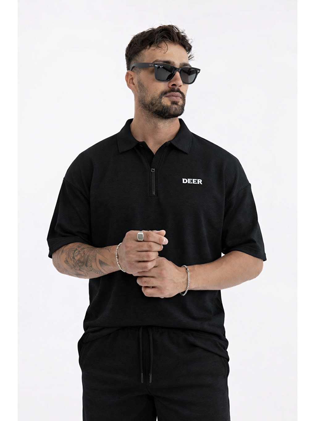 Erkek Polo Yaka Tişört Bol Şort Siyah Yazlık İkili Takım-5