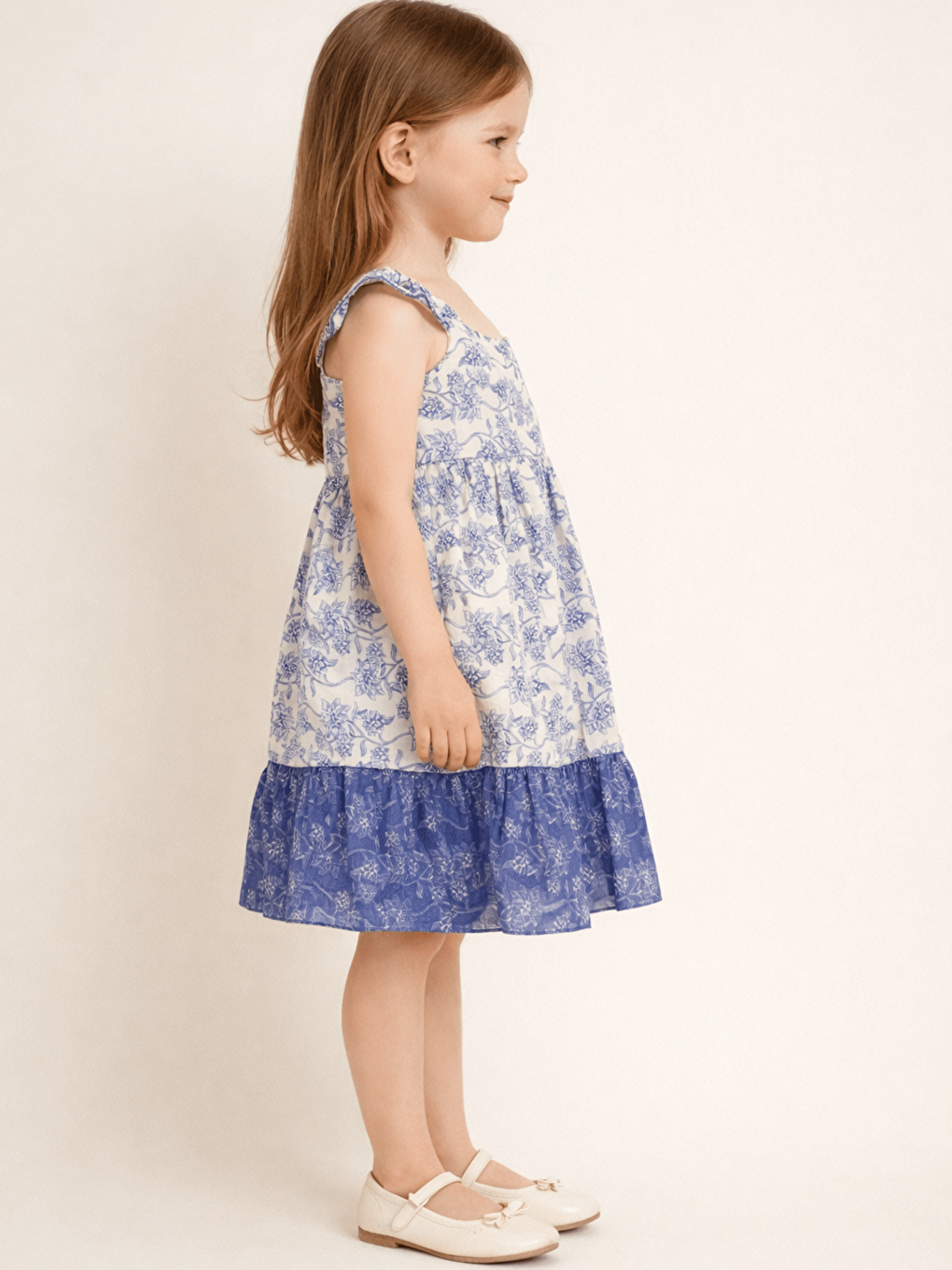Mavi Kare Yaka Çiçek Desenli Kız Çocuk Elbise-1