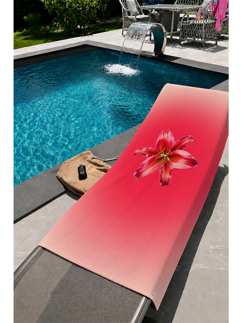 Ekru Pembe Ombre Çiçek Desenli 70x150 Plaj Havlusu-1