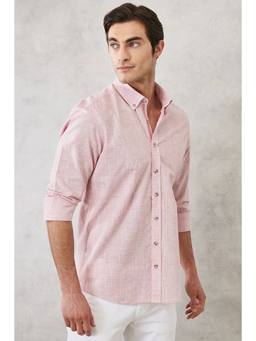 Erkek Bordo Slim Fit Dar Kesim Düğmeli Yaka %100 Pamuk Flamlı Gömlek-4